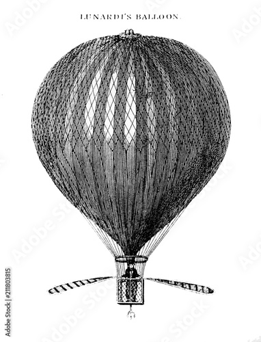 An engraved illustration of Lunardi's Balloon from a vintage book Encyclopaedia Britannica by A. and C. Black, vol. 2, of 1875.