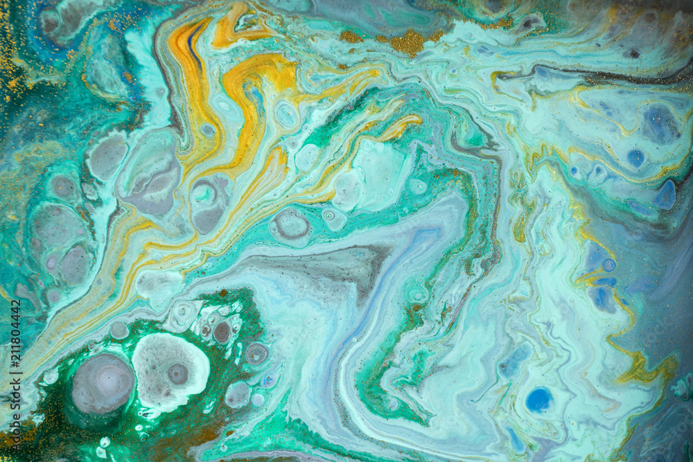 Fototapeta premium Marble abstract acrylic background. Marbling artwork texture. Agate ripple pattern. Gold powder.