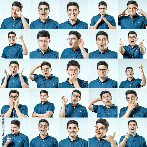 Set of young man's portraits with different emotions and gestures © Iurii