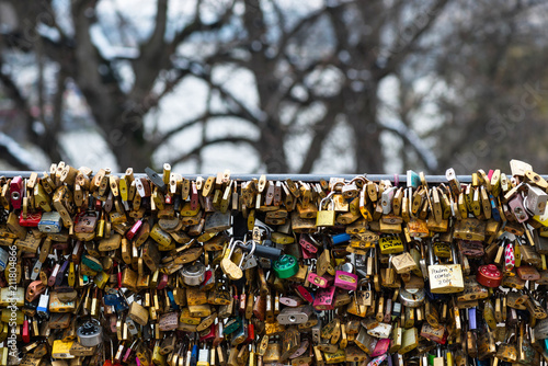 Canvas Print Love padlocks at Pont de l'Archeveche in Paris