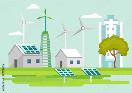 Eco-friendly houses flat design style vector illustration cityscape with, windmills, solar panels, on green fields