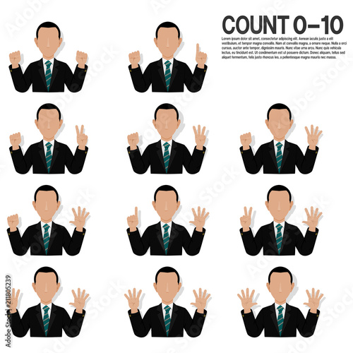 Set of businessman is presenting hand sign for counting 0 to 10