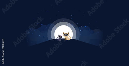 Cats sitting on a hill background of the moonlight. All in a single layer. Vector illustration. Black and cream cat on hilltop with moon in a starry night in the background.