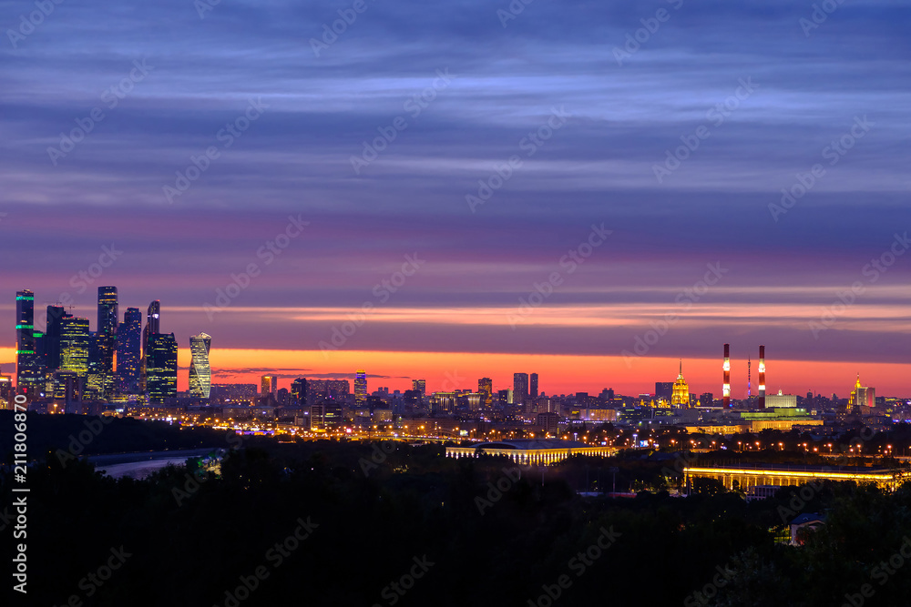 City panorama with night view on Moscow and international business center 