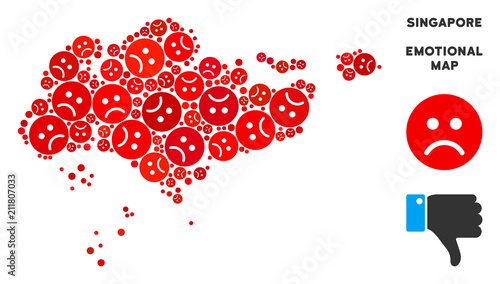 Emotion Singapore map mosaic of sad emojis in red colors. Negative mood vector concept of crisis regions. Singapore map is designed with red dolor emotion symbols. Abstract territory plan.
