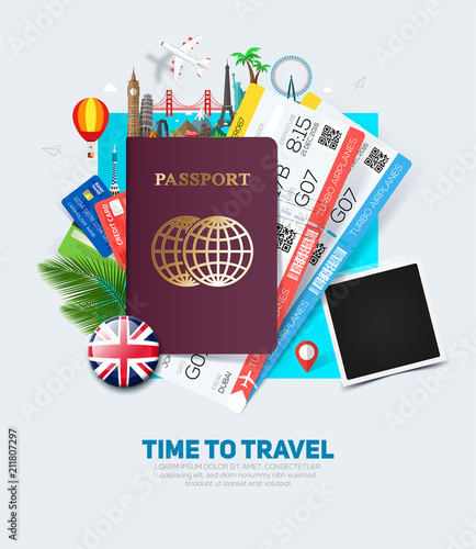 Banner concept for travel and tourism with passport, tickets and famous landmarks in flat style.