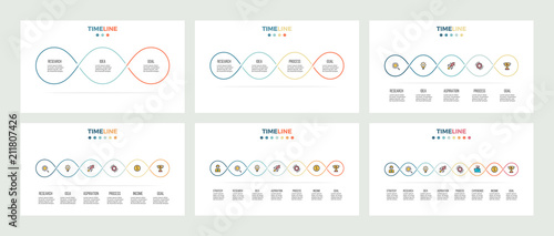 Business infographics. Timeline with 3 - 8 steps, options, loops. Vector templates.