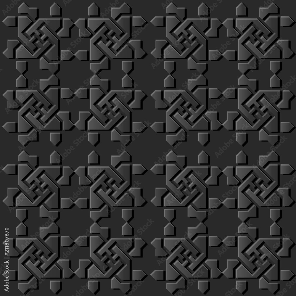 3D dark paper art Islamic geometry cross pattern seamless background 3D dark paper art Islamic geometry cross pattern seamless background