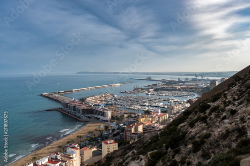 Aerial view of Alicante city from Santa Barbara Castle, showing El Postiguet beach and marina