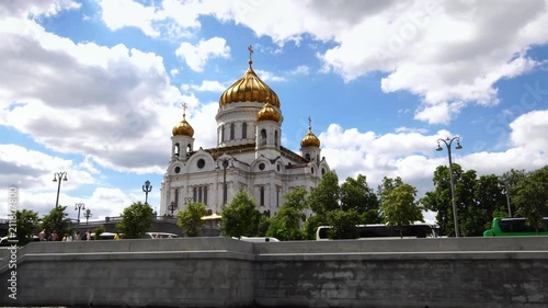 Establishing drone shot of Cathedral of Christ the Saviour in Moscow Russia