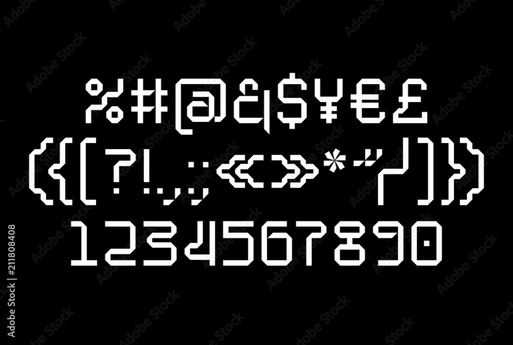 Geometric techno tape font, uppercase latin letters and numerals, electric and futuristic display type that works for game screens and music bands covers, labels and products