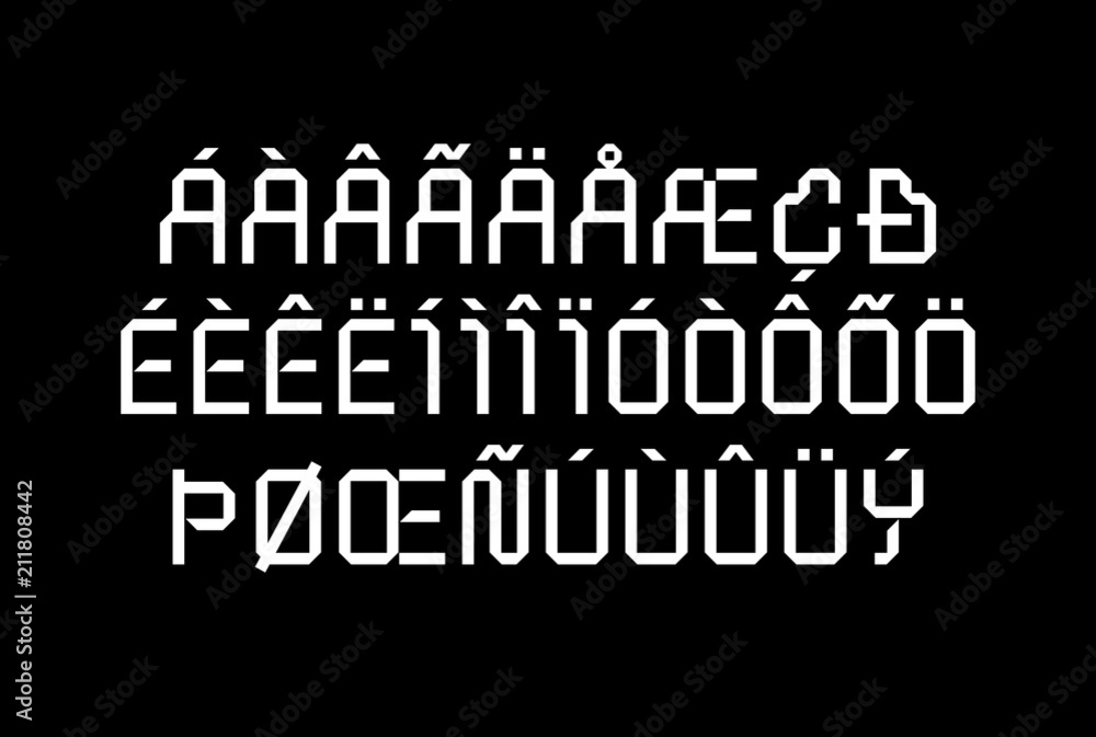 Geometric techno tape font, uppercase latin letters and numerals, electric and futuristic display type that works for game screens and music bands covers, labels and products Geometric techno tape font, uppercase latin letters and numerals, electric and futuristic display type that works for game screens and music bands covers, labels and products