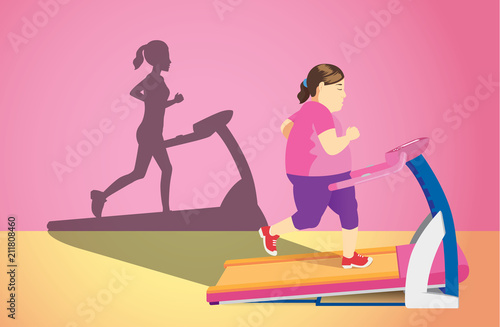 Fat woman jogging on electric treadmill but her shadow was slim. Concept illustration about Lose weight.