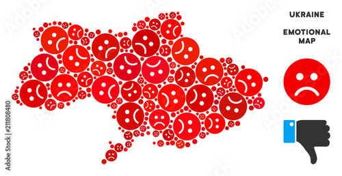 Sorrow Ukraine map collage of sad smileys in red colors. Negative mood vector concept of crisis regions. Ukraine map is constructed from red sad emotion symbols. Abstract territorial plan.