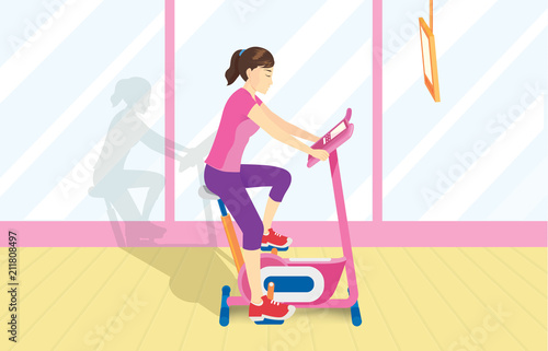 Full body of woman doing Cycling exercise at gym. Illustration about workout with Equipment. 