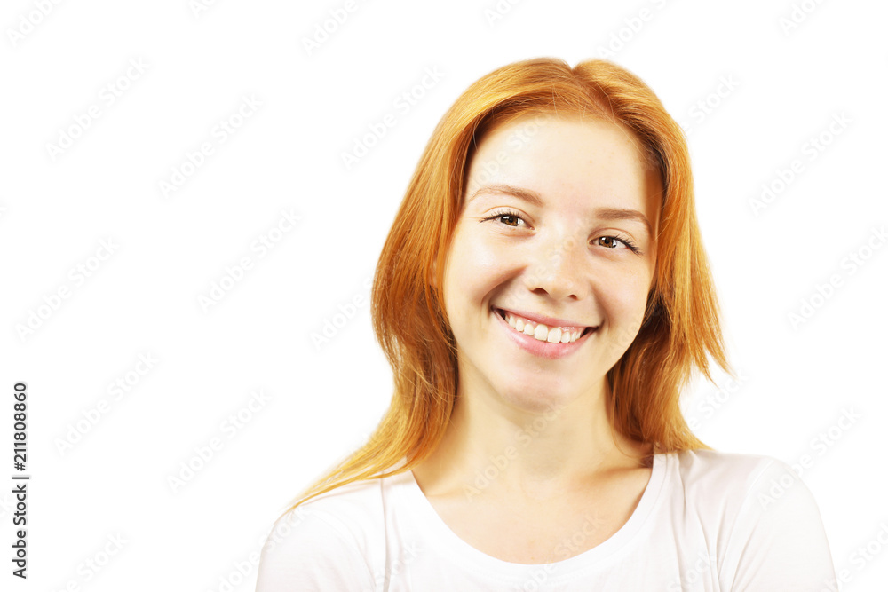 Beautiful redheaded young woman with satisfied facial expression, isolated on white background. Attractive female with natural red hair & brown eyes showing sincere smile & perfect teeth. Copy space. Beautiful redheaded young woman with satisfied facial expression, isolated on white background. Attractive female with natural red hair & brown eyes showing sincere smile & perfect teeth. Copy space.