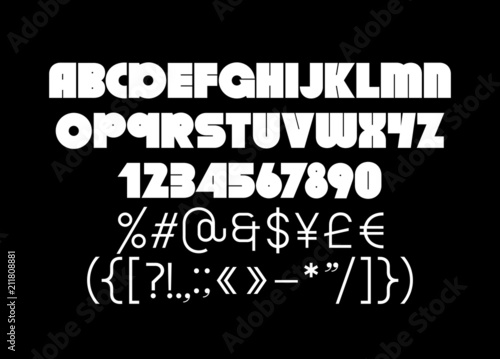 Fat extra bold geometric shape typeface, uppercase, lowercase, letters and numerals, contrast symbols and punctuation, display font for graphic design, print, posters, art, music, books covers
