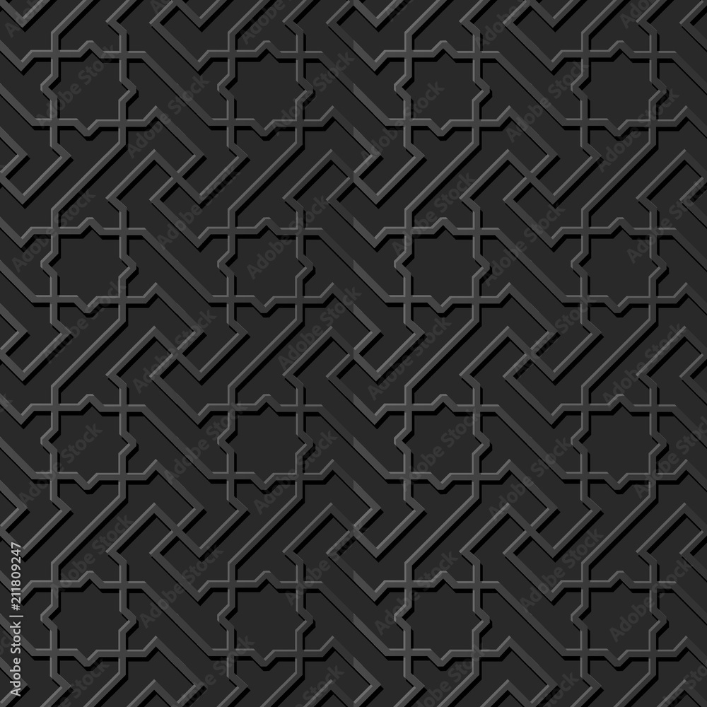 3D dark paper art Islamic geometry cross pattern seamless background 3D dark paper art Islamic geometry cross pattern seamless background
