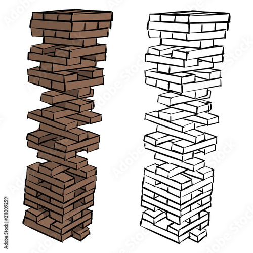 brown wood building block tower vector illustration sketch doodle hand drawn with black lines isolated on white background
