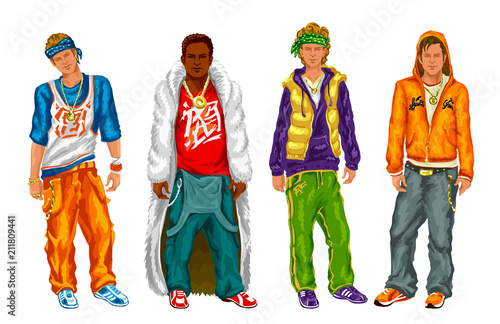 Group of hip hop guys on a white background