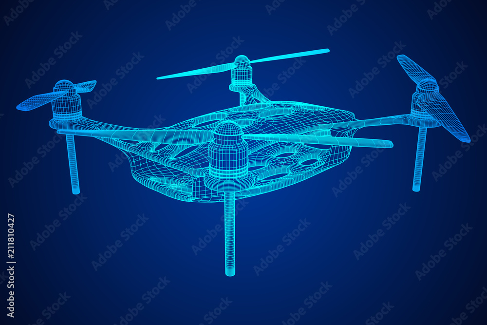 Remote control air drone. Dron flying with action video camera. Wireframe low poly mesh vector illustration Remote control air drone. Dron flying with action video camera. Wireframe low poly mesh vector illustration