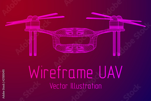 Remote control air drone. Dron flying with action video camera. Wireframe low poly mesh vector illustration