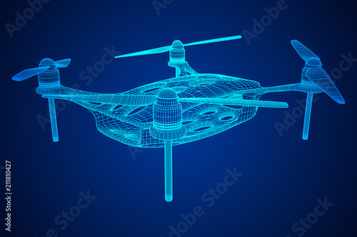 Remote control air drone. Dron flying with action video camera. Wireframe low poly mesh vector illustration