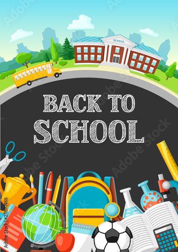 Illustration of school building and bus.