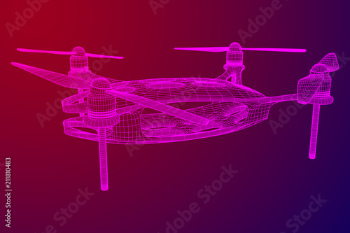 Remote control air drone. Dron flying with action video camera. Wireframe low poly mesh vector illustration