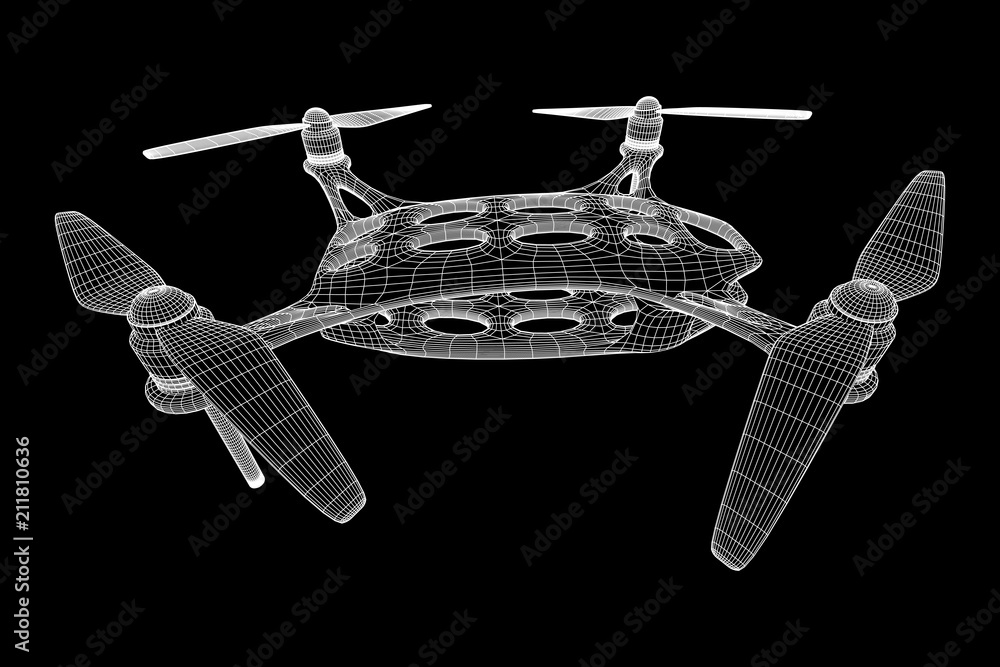 Remote control air drone. Dron flying with action video camera. Wireframe low poly mesh vector illustration Remote control air drone. Dron flying with action video camera. Wireframe low poly mesh vector illustration