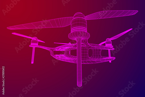 Remote control air drone. Dron flying with action video camera. Wireframe low poly mesh vector illustration
