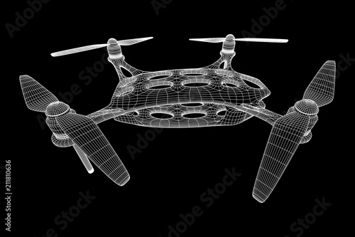 Remote control air drone. Dron flying with action video camera. Wireframe low poly mesh vector illustration