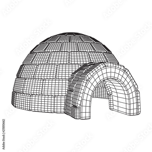 Igloo icehouse. Snowhouse or snowhut. Eskimo shelter built of ice. Wireframe low poly mesh vector illustration