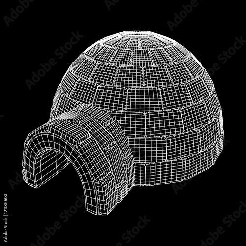 Igloo icehouse. Snowhouse or snowhut. Eskimo shelter built of ice. Wireframe low poly mesh vector illustration