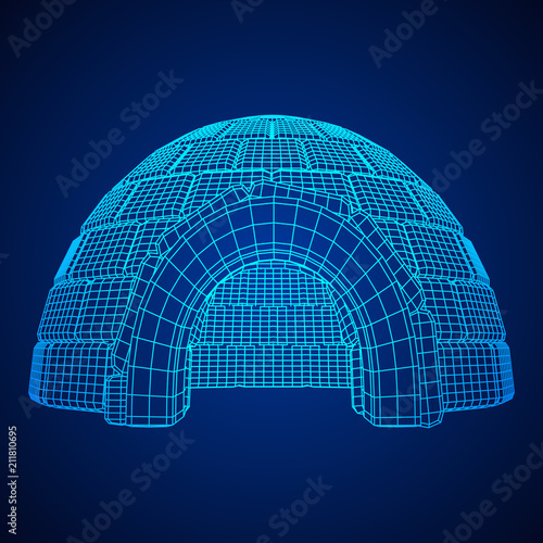 Igloo icehouse. Snowhouse or snowhut. Eskimo shelter built of ice. Wireframe low poly mesh vector illustration