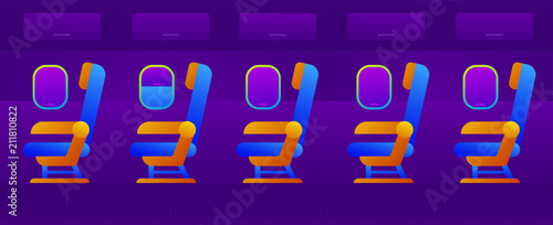 Airplane seat interior with windows. Aircraft transport seats. Vector illustration