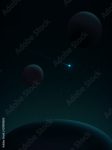 Flight of the comet. Space landscape.