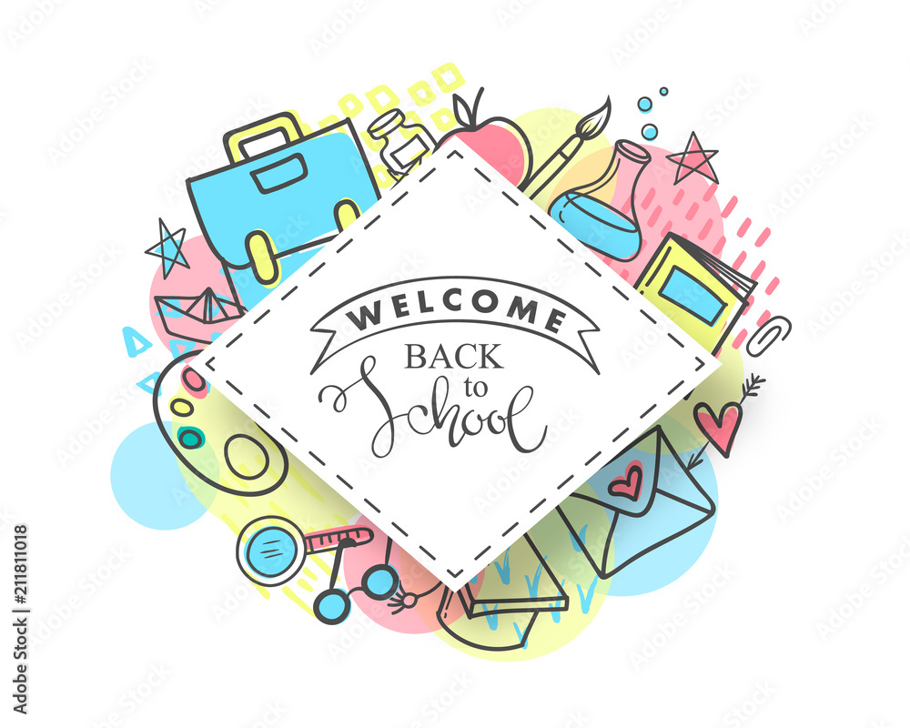 Back to school. Hand drawn school supplies on white background.Vector ...