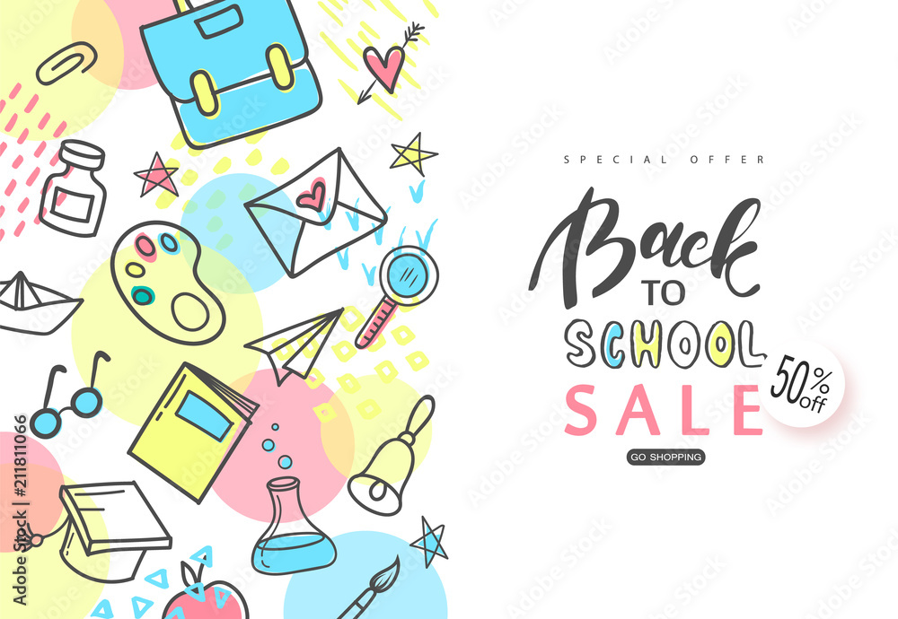 Back to school Sale banner. Hand drawn school supplies on white background.Vector illustration. Back to school Sale banner. Hand drawn school supplies on white background.Vector illustration.