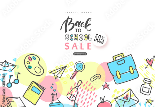 Back to school Sale banner. Hand drawn school supplies on white background.Vector illustration.