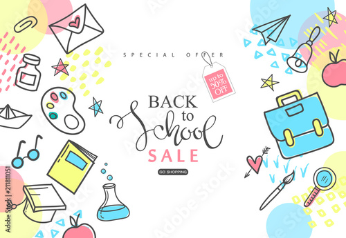 Back to school Sale banner. Hand drawn school supplies on white background.Vector illustration.