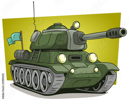 Cartoon green military army large tank vector icon