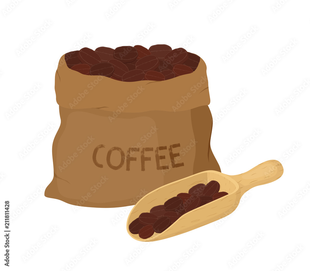 Vector canvas coffee bag with scoop, package Vector canvas coffee bag with scoop, package