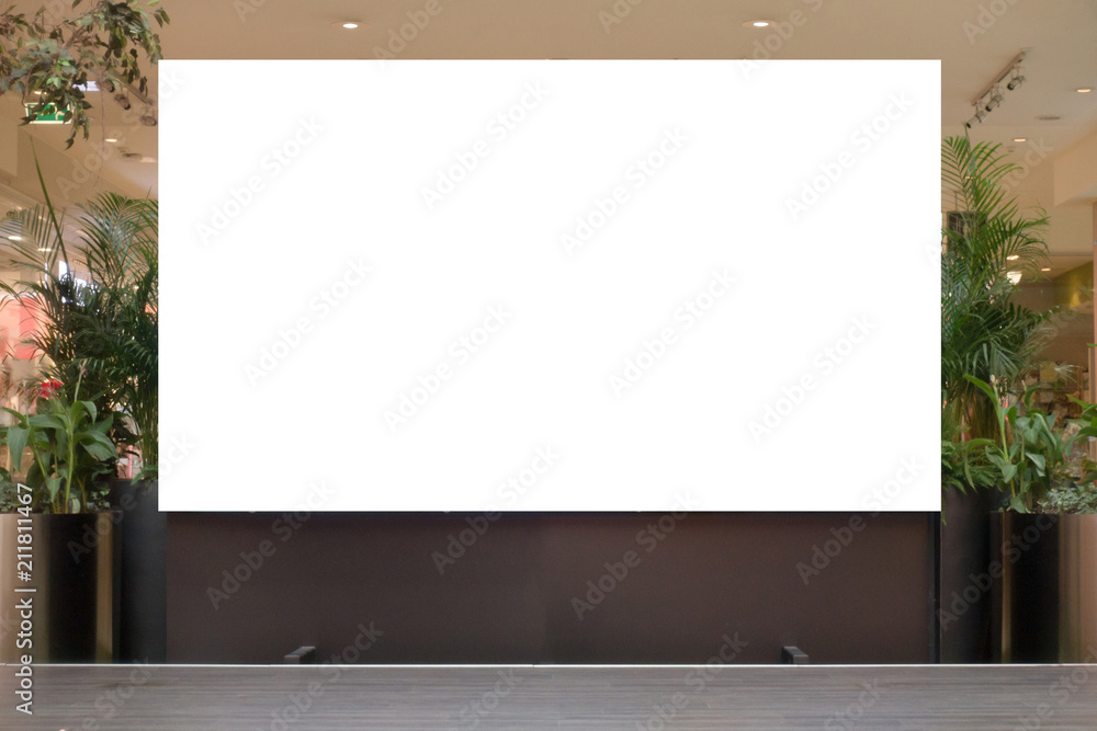 Mock up. Blank billboard, advertising stand in modern shopping mall Mock up. Blank billboard, advertising stand in modern shopping mall