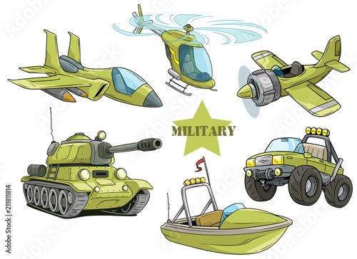 Cartoon green military army vehicles vector set