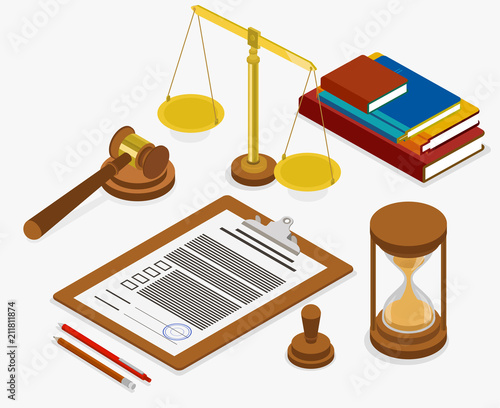 Workplace of judge or lawyer. Isometric illustration.