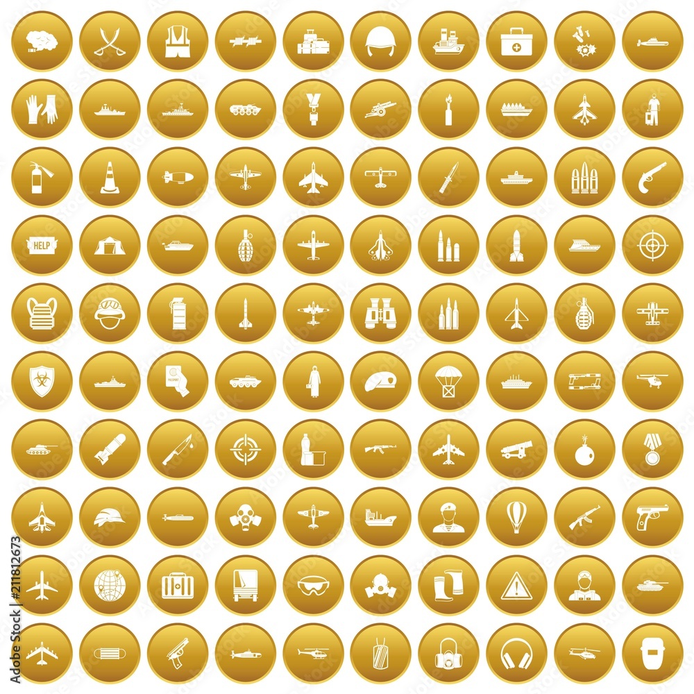 100 military resources icons set in gold circle isolated on white vectr illustration 100 military resources icons set in gold circle isolated on white vectr illustration