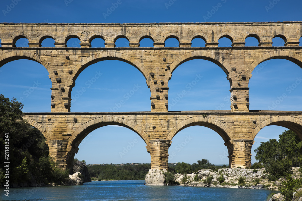 Ancient Roman Aqueduct - Pont du Gard, near Nimes, Languedoc France, Europe