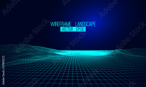 Abstract vector wireframe landscape background. Cyberspace grid. 3d
