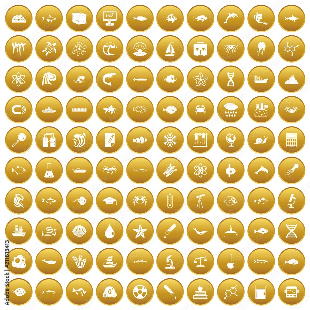 100 oceanology icons set in gold circle isolated on white vectr illustration 100 oceanology icons set in gold circle isolated on white vectr illustration